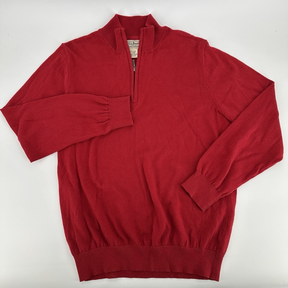 LL BEAN Sweater Men's XL Cotton Cashmere 1/4 Zip  Long Sleeve Pullover Red